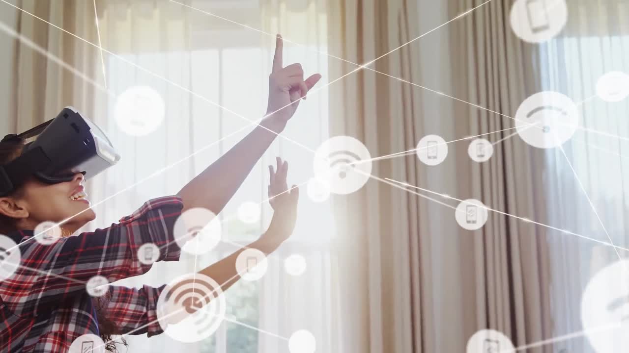 vr 헤드 ⁇ 을 착용 한 소녀 위에 아이콘과 연결 네트워크의 애니메이션