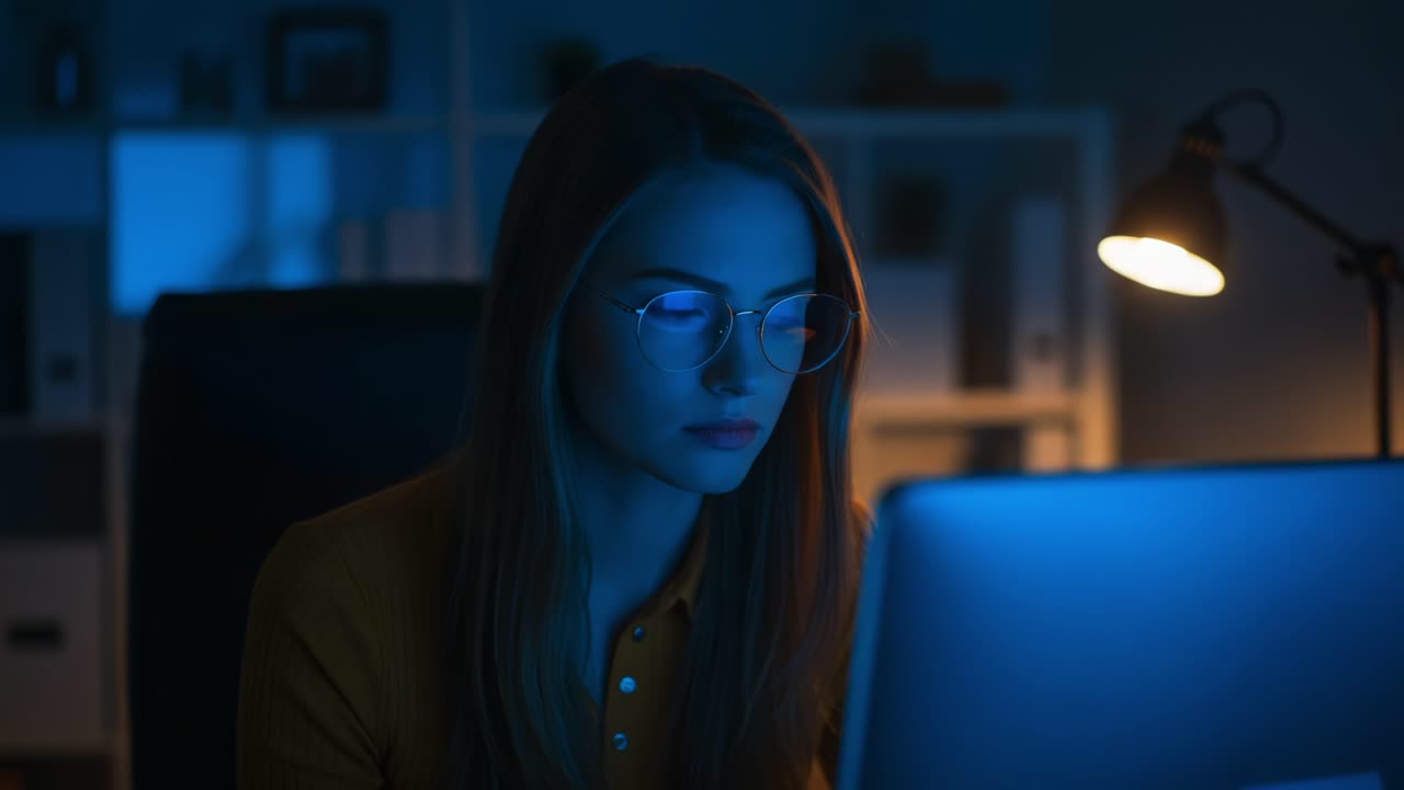 A Young Woman Engrossed in Her Screen, Illuminated by a Soft Desk Lamp in a Dimly Lit Room, Exuding an Atmosphere of Focus and Contemplation at Night