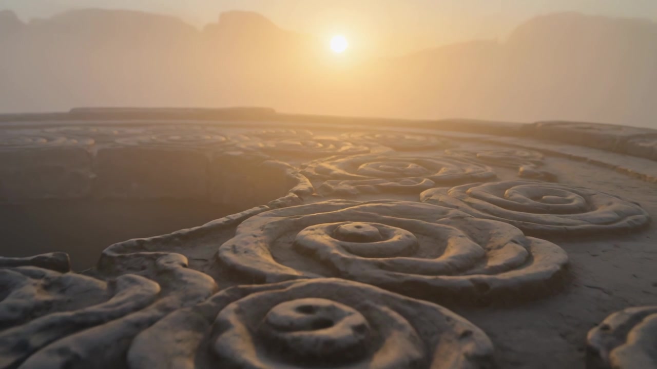 Telecamera che effettua una panoramica avanzando su una piattaforma di pietra con spirali, rivelando una fossa centrale, il sole e la foschia.