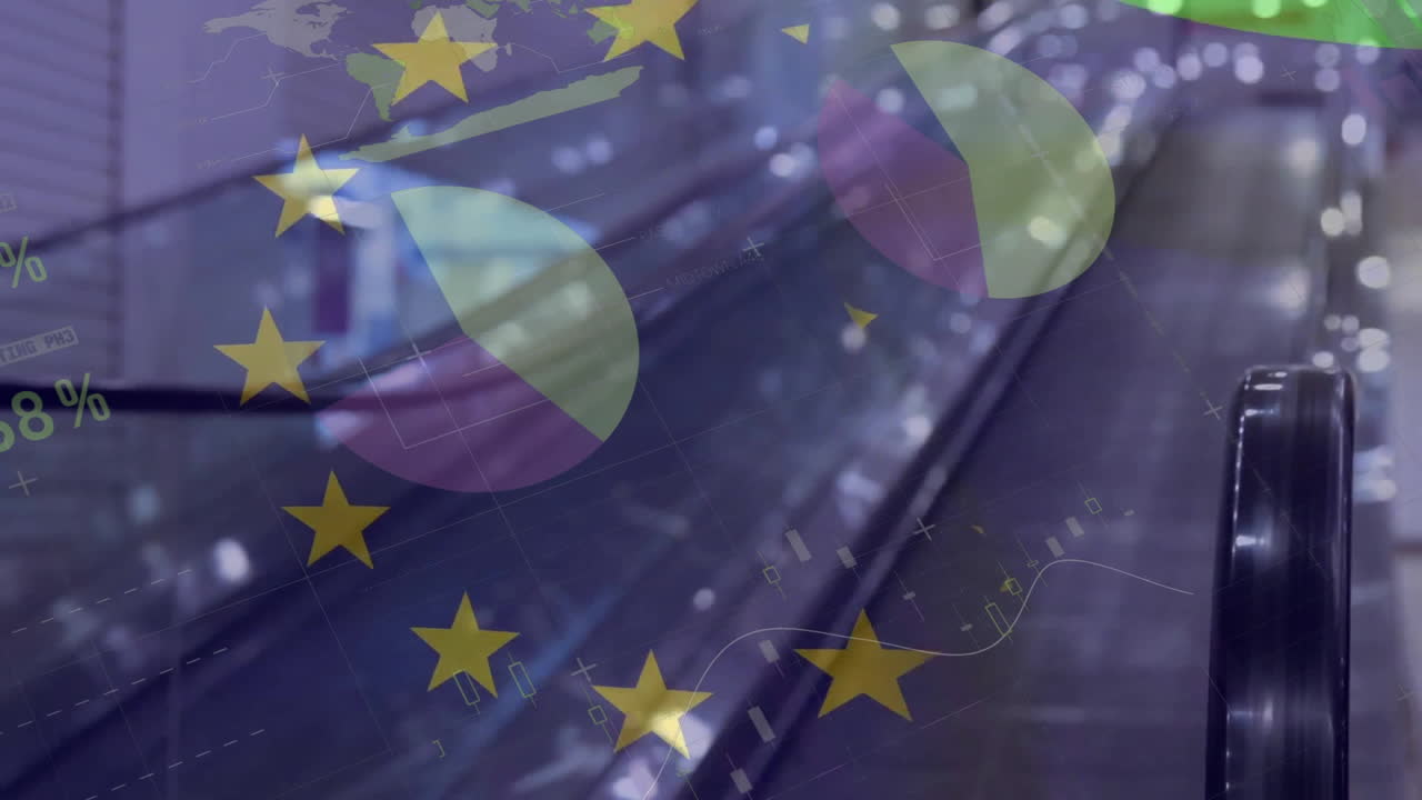 금융 데이터 처리의 애니메이션과 사무실 건물 위의 유럽 연합 발