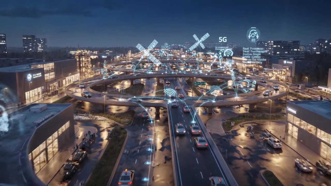 Paesaggio urbano futuristico: un paesaggio urbano notturno che mostra tecnologia avanzata, infrastrutture intelligenti, veicoli autonomi e soluzioni energetiche sostenibili in una città moderna.