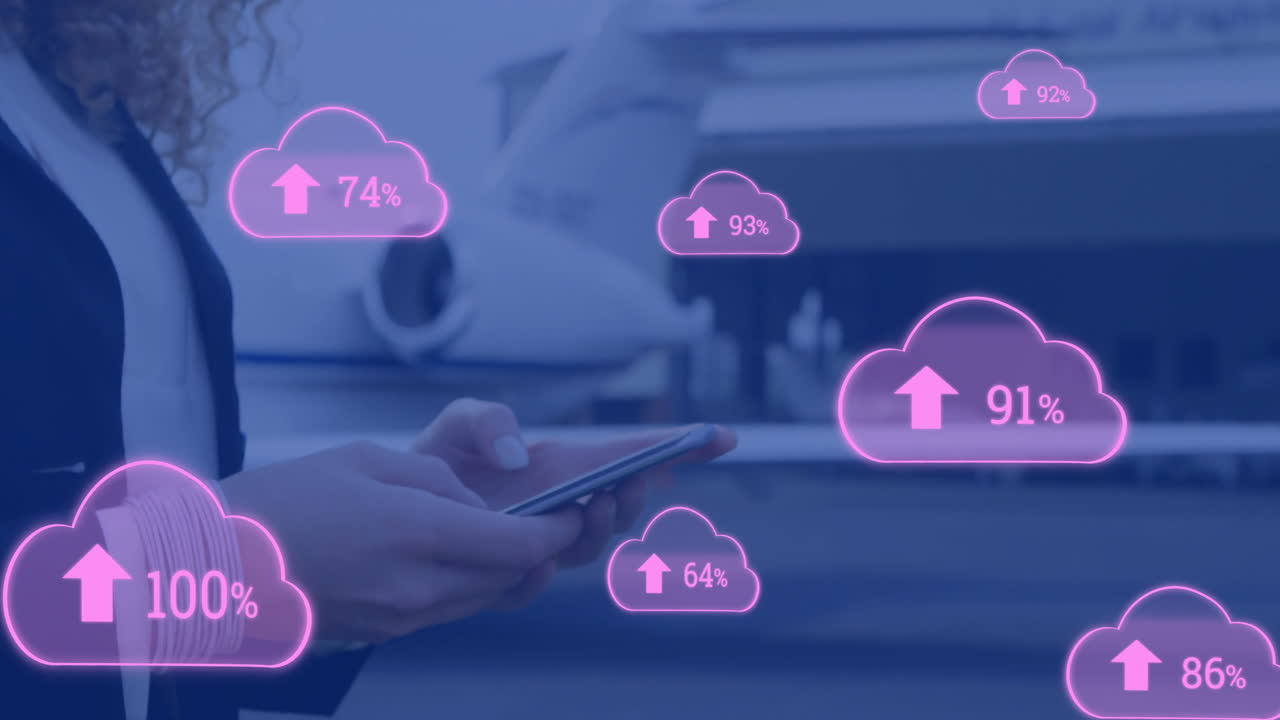 Animation of cloud and percent growing over caucasian businesswoman using smartphone