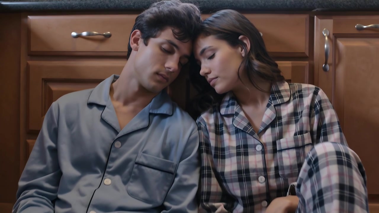 La telecamera si alza mostrando una coppia in pigiama che appoggia le teste ai mobili della cucina, tenendo un asciugamano per calmarsi.
