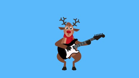 cartoon christmas deer flat character play electric guitar animation with matte