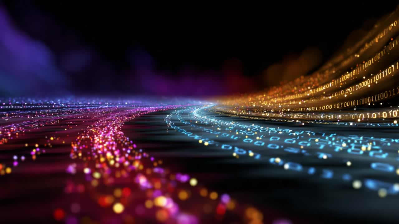 A mesmerizing visualization of flowing binary code and vibrant particles, creating a stunning digital landscape that illustrates the seamless blending of technology and creativity, reflected in a dynamic wave of colors