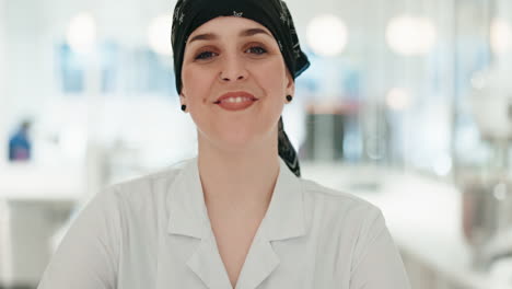 face, chef and woman smile in kitchen