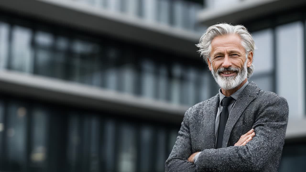 A Confident Senior Man with a Distinguished Beard and Stylish Gray Hair Poses Smiling in Front of a Modern Building, Exuding Professionalism and Charisma