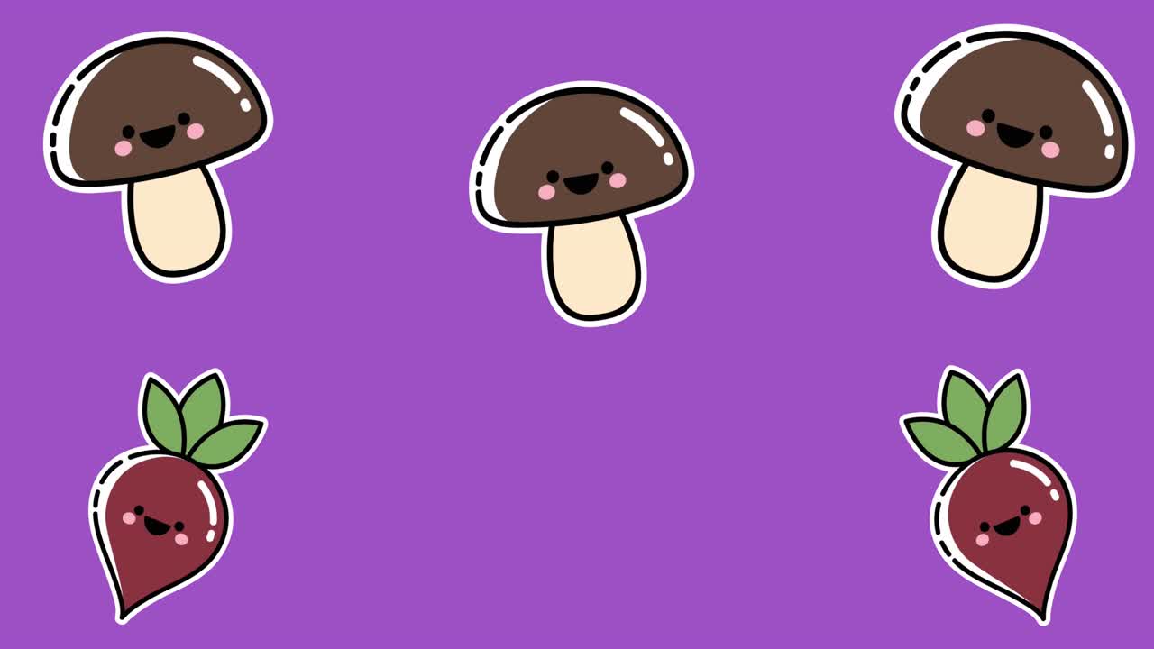 animación de rábanos sonrientes y hongos que se mueven hacia arriba sobre un fondo púrpura