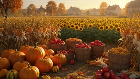 a lush autumn landscape filled with vibrant pumpkins, baskets of apples, and golden sunflowers against a backdrop of charming houses and bright fall colors