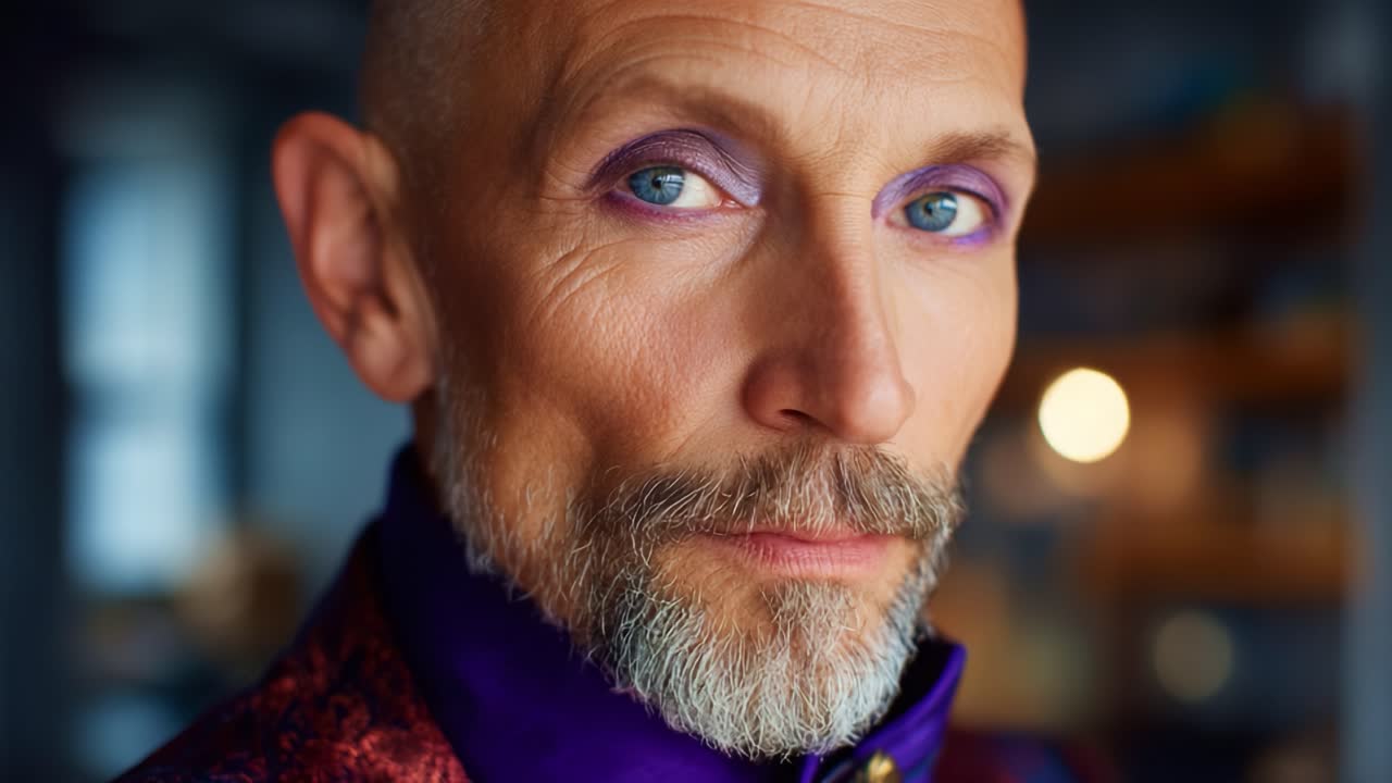Et slående portræt af en selvsikker person, der viser levende øjenmakeup og et karismatisk udtryk, indfanget i en levende, elegant setting med varm belysning.