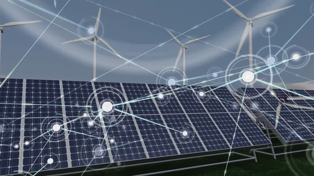 태양광 패널과 여러 풍차에 대한 연결 네트워크가 푸른 하늘에 대해 회전하고 있습니다.