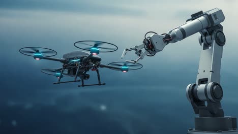 a high-tech fusion of innovation: a drone in flight interacting with a robotic arm in an aerial environment showcasing the future of robotics and automation