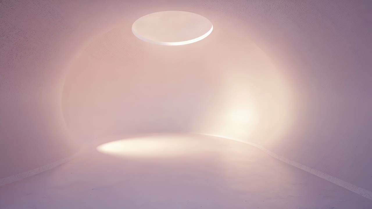 Disco a soffitto mobile che si sposta verso il basso nel ciclorama, espandendo l'alone e illuminando il pavimento con un faretto