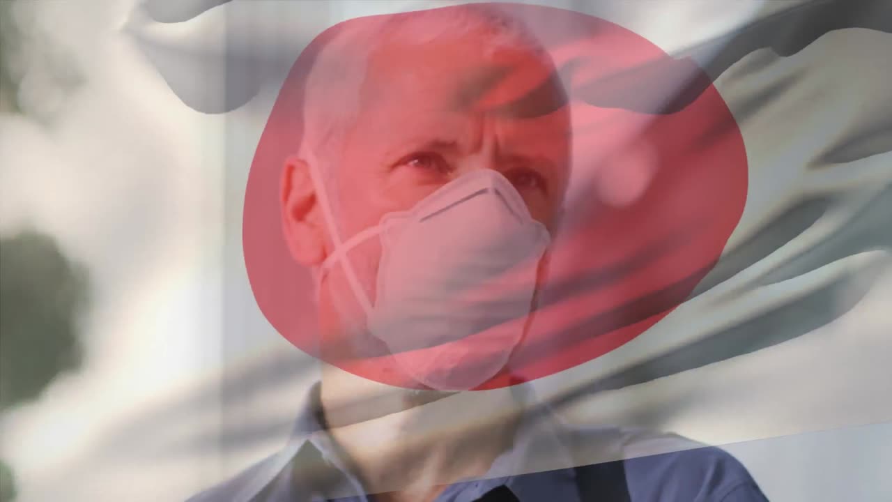 도시 거리에서 얼굴 마스크를 쓴 백인 남자가 일본의 국기를 흔들고 있는 애니메이션