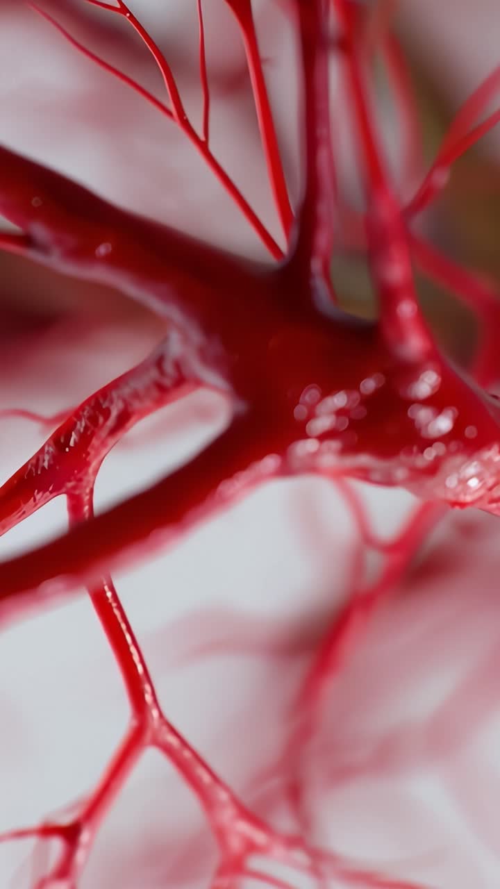 Primo Piano di Intricate Strutture Vascolari Rosse che Evidenziano la Complessità e la Bellezza dei Sistemi Circolatori Biologici su uno Sfondo Astratto Texturizzato.