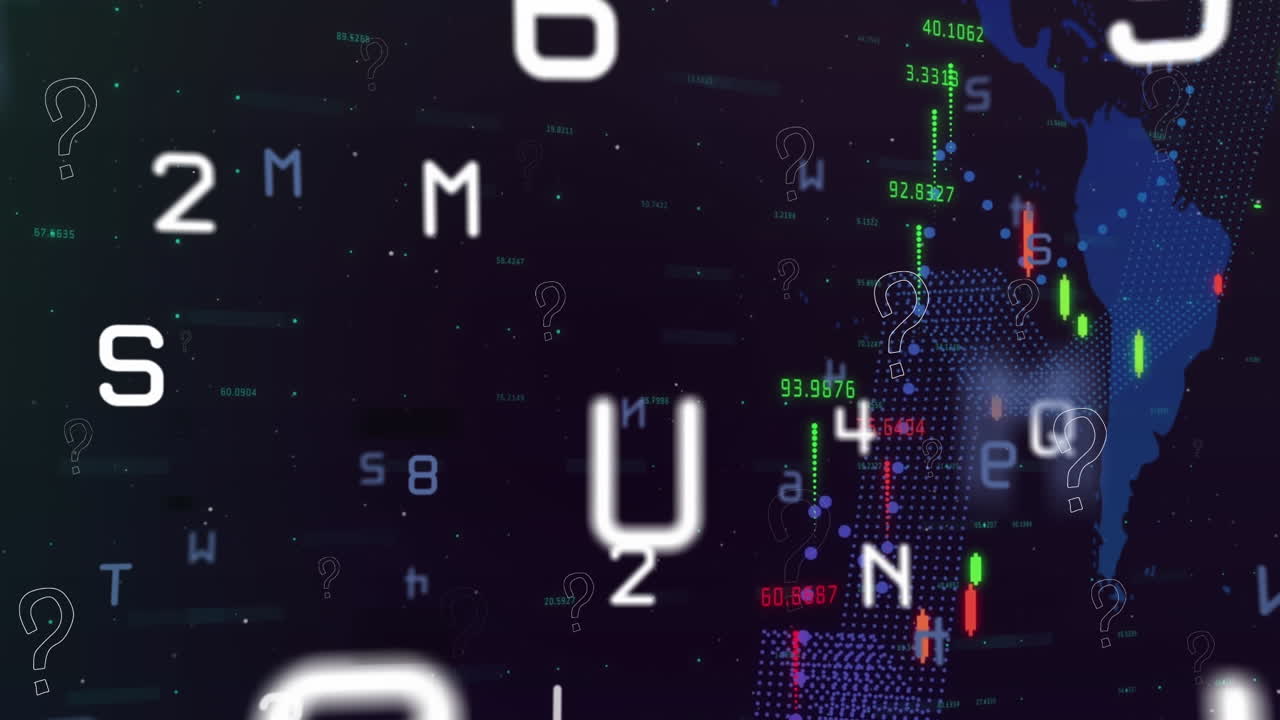 Multiple changing numbers and alphabets against financial data processing on blue background