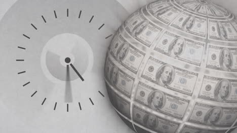 dollar bills on globe with clock