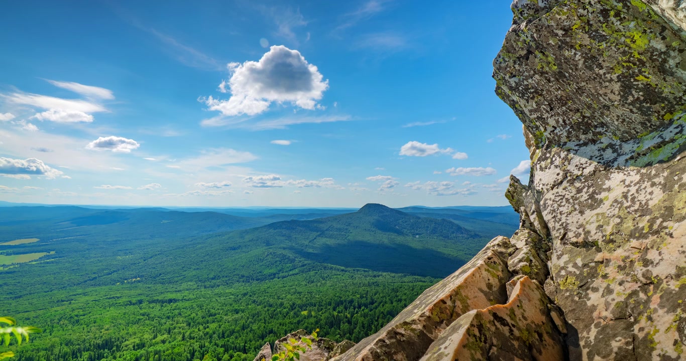 Time Lapse of Mountain Landscape with Moving Clouds over Green Forest