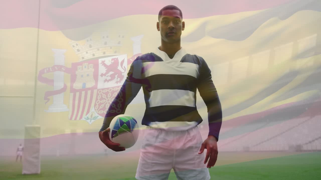 Atleta segurando bola de rugby, alterando pegada e postura enquanto exibe sobreposição da bandeira espanhola no esporte.