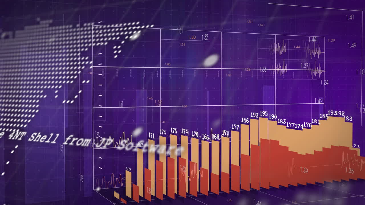 Animation of rising bar graph with numerical data over digital world map