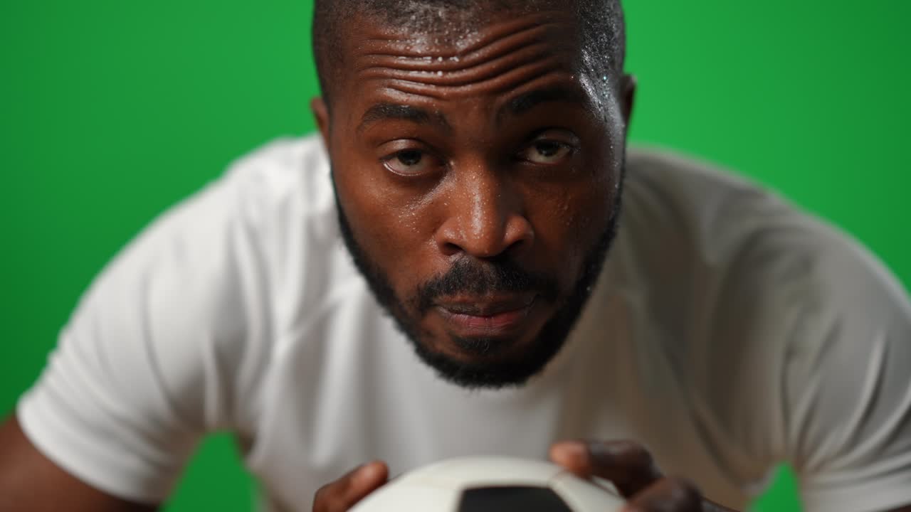 녹색 화면에서 카메라를 바라보는 축구공과 함께 을 흘리는 아프리카계 미국인 스포츠맨의 헤드 초상화.