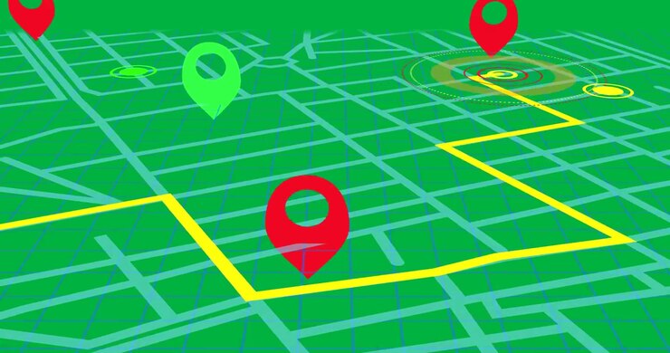 Animation of glowing location point moving on city street map over transparent background