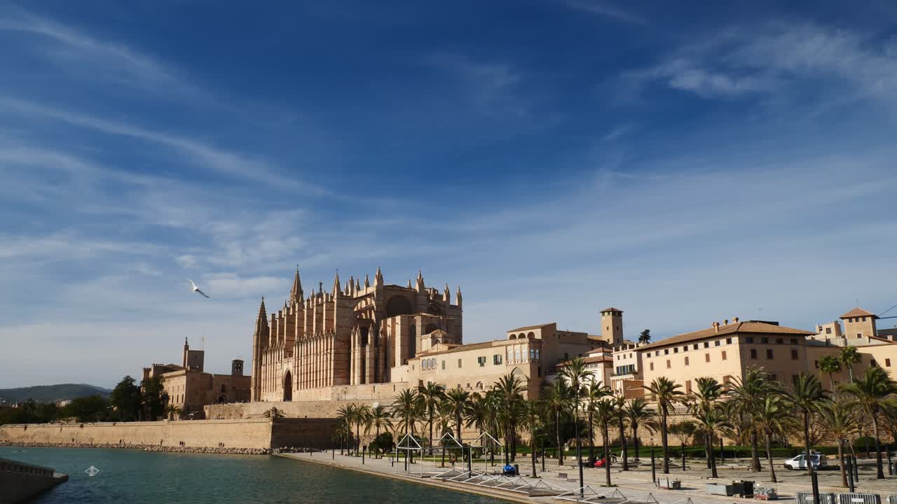 Inquadratura fissa della Cattedrale di Palma di Maiorca e del Centro Storico in una soleggiata giornata invernale. Spagna.