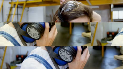 female welder wearing gas mask in workshop 4k