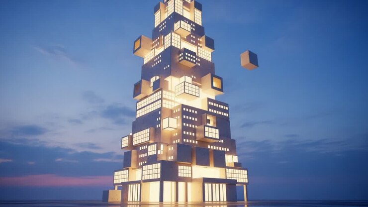 Estrutura arquitetônica dinâmica com fachadas iluminadas e cubos flutuantes em um cenário de céu crepuscular, exibindo elementos de design moderno e estética artística