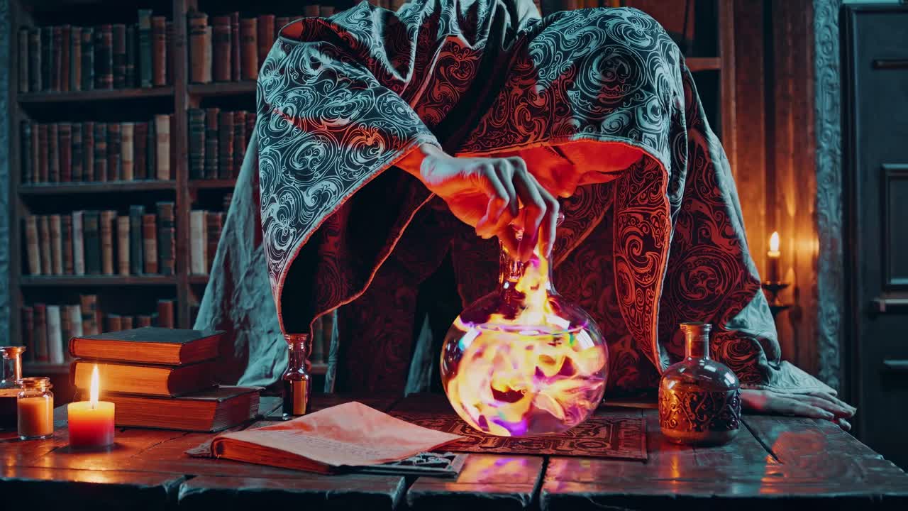 A mystical video scene with a low-angle view of a cloaked figure mixing potions in a dimly lit