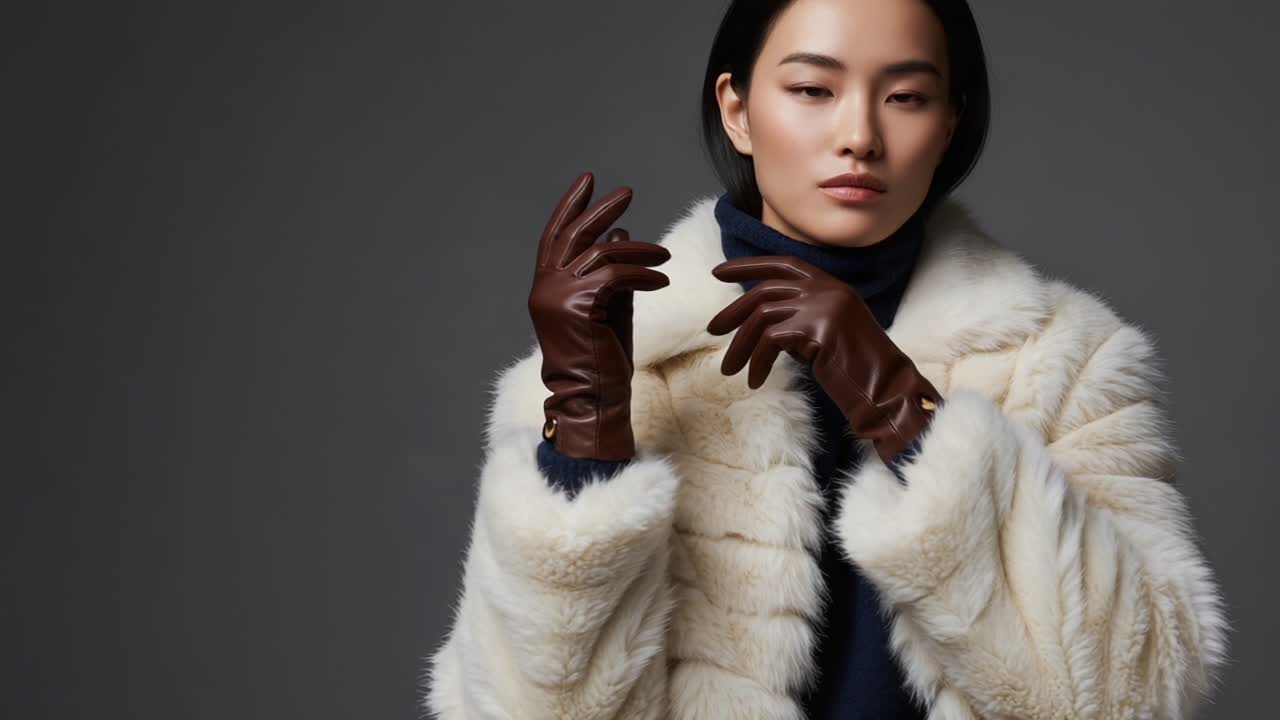 Stylish Winter Fashion: A Model Showcasing Luxurious Faux Fur Coat and Elegant Leather Gloves in a Striking Portrait