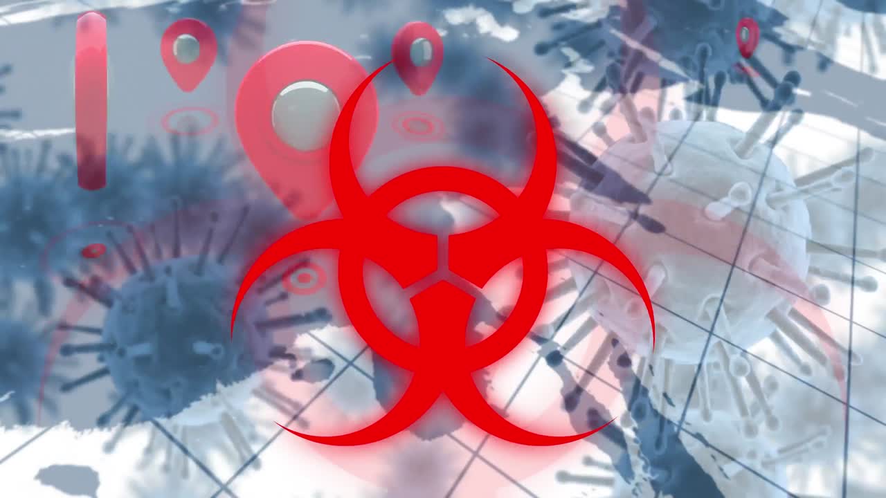 signo de peligro contra el mapa del mundo y las células de covid-19 que se mueven