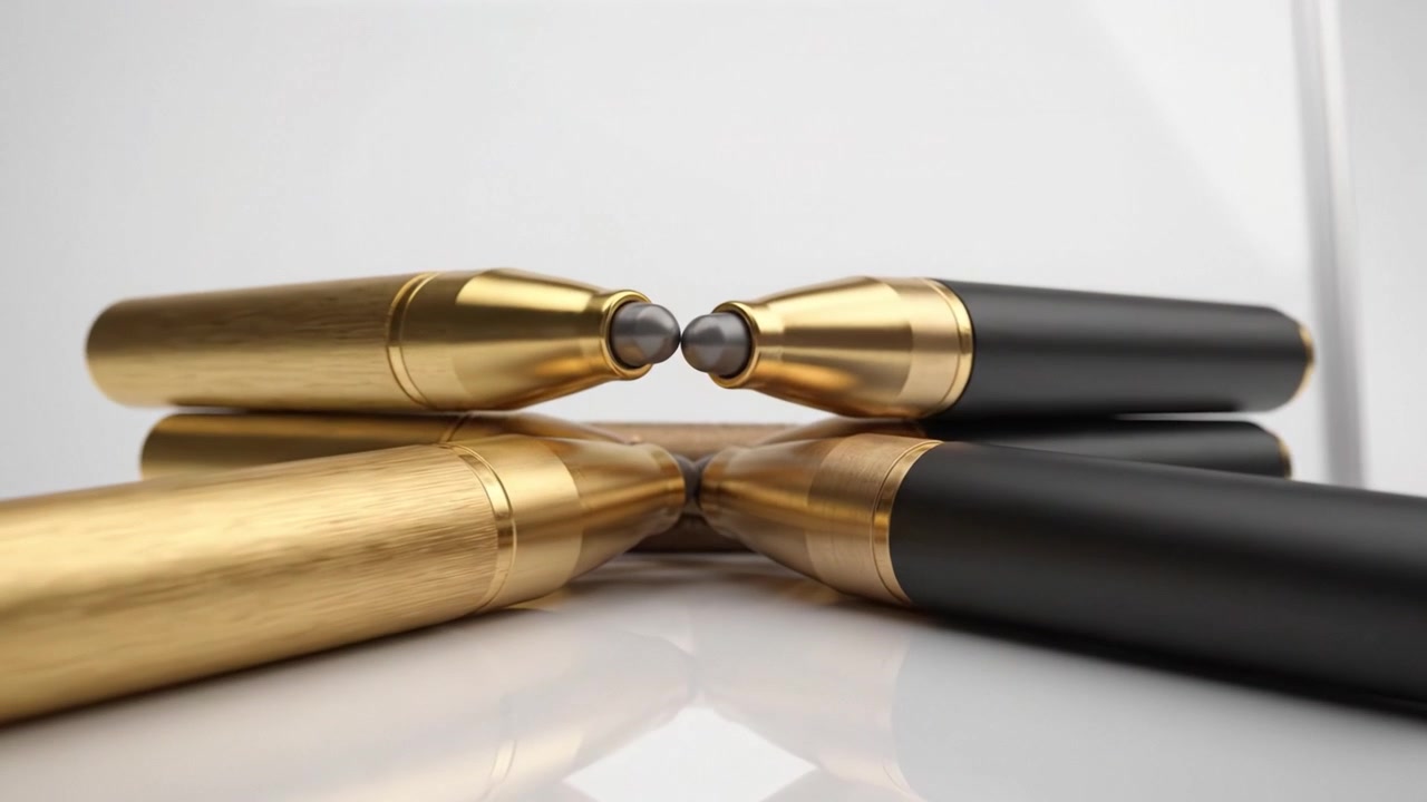 Elegant Arrangement of Stylish Pens on a Clean Surface with a Whiteboard as Background, Showcasing Design and Color Contrast in a Minimalist Setting