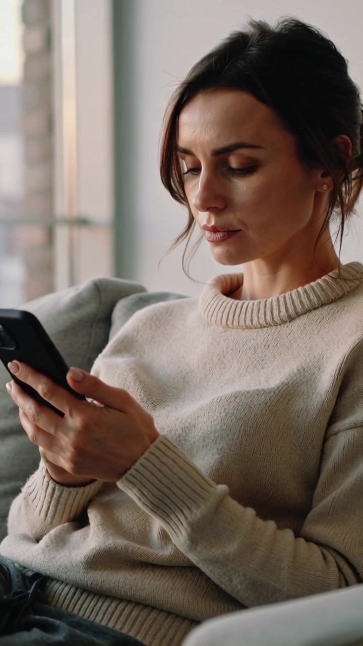 Vertikální video: Žena zvedá smartphone, scrolluje a čte na pohovce u okna v béžové pletenině.