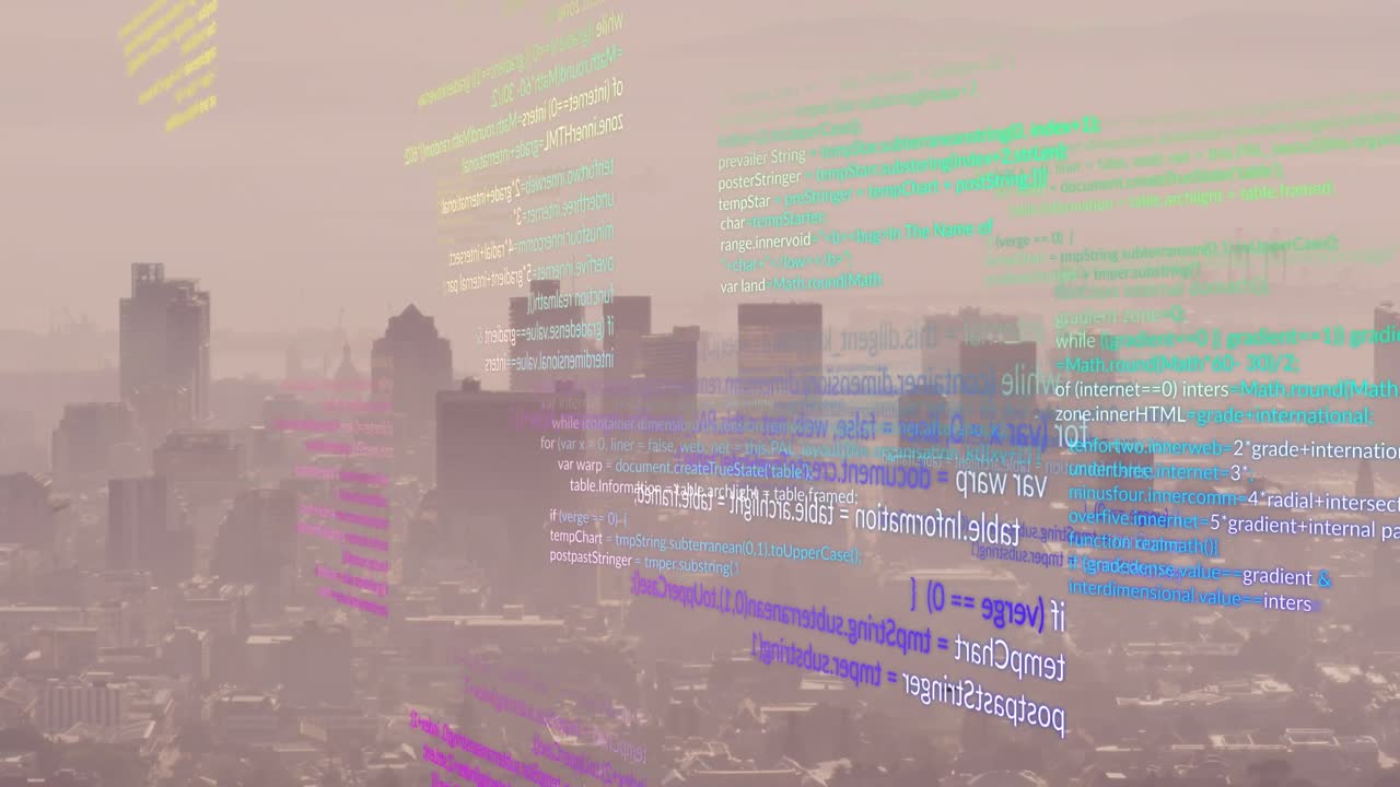 컴퓨터 언어와 그리드 패턴의 애니메이션 - 하늘에 대한 현대 도시의 공중 시상