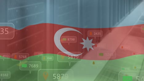 Animation-of-numbers-and-icon-in-notification-bars-over-flag-of-azerbaijan-against-server-room