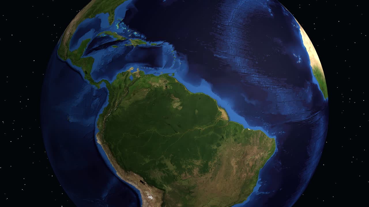 Un globo digitale ruota e zooma sul Sud America, evidenziando Neiva, Colombia con sovrapposizioni di testo informativo.