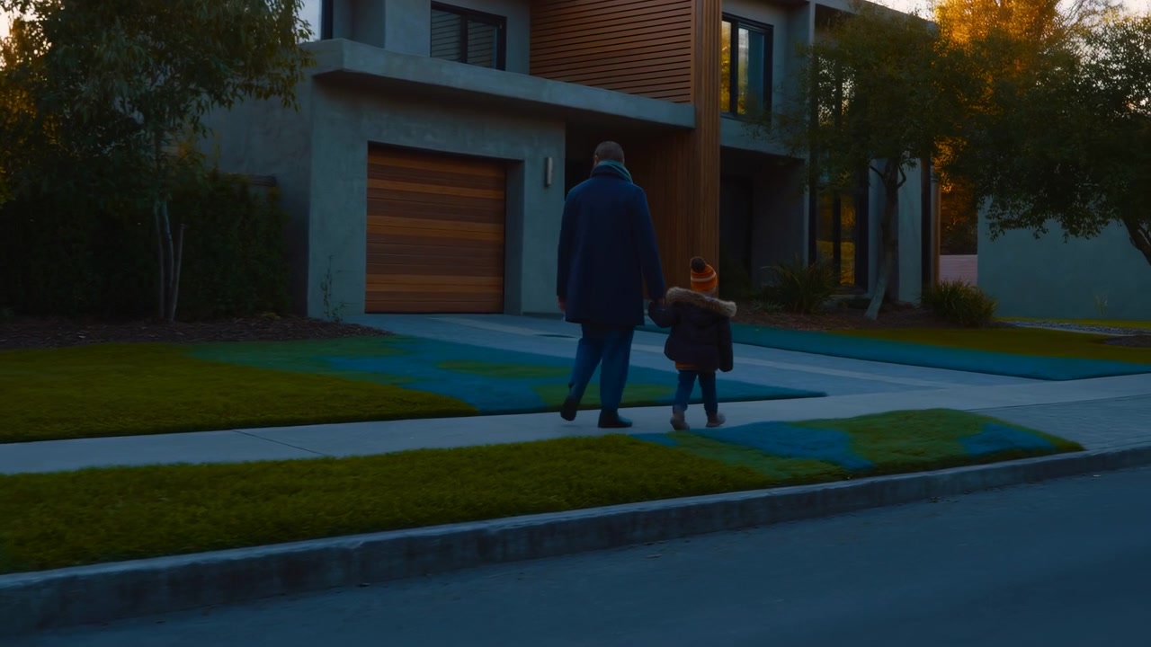 Adult and child walk away from camera along sidewalk beside modern two story home with wood paneling, closed garage door, neat lawn, shrubs, trees, and soft dusk light in quiet suburb