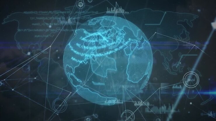 Animation of globe, network of connections and data processing on black background