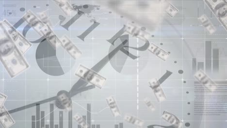 animation of american dollar banknotes floating and data processing