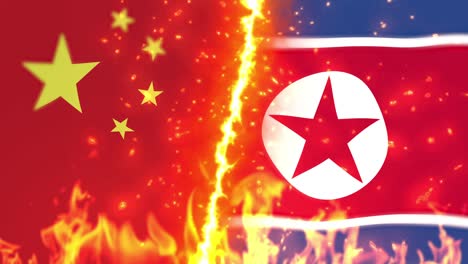 china contra corea del norte bandera en el ciclo de fuego animación