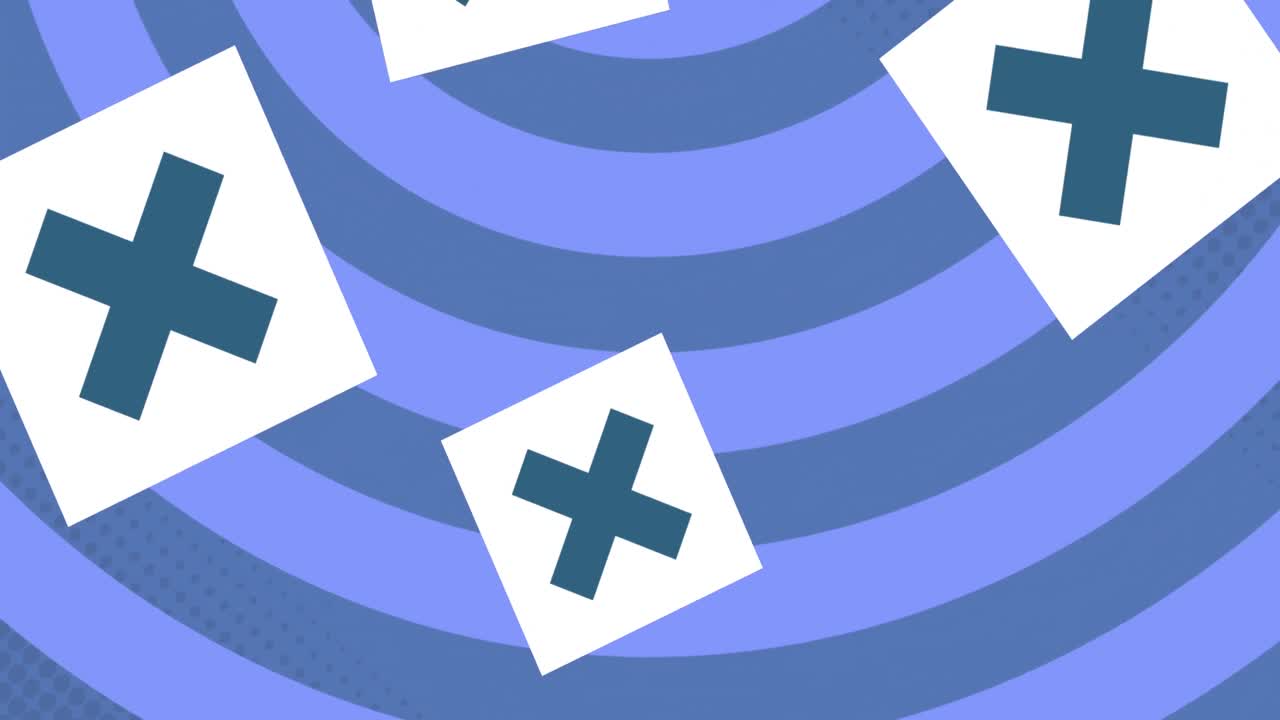 보라색 회전 원 위에 떨어지는  ⁇  십자가의 애니메이션