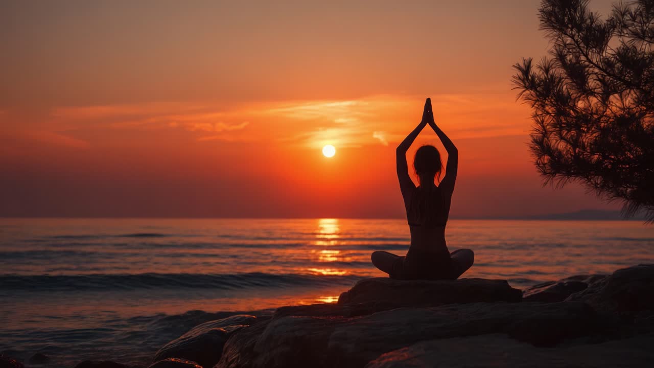 A Serene Sunset Meditation Scene: A Silhouette of a Person Practicing Yoga by the Calm Ocean Waves as the Sun Sets on the Horizon, Embracing Tranquility and Peace