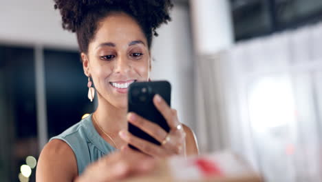 woman, phone and box in office
