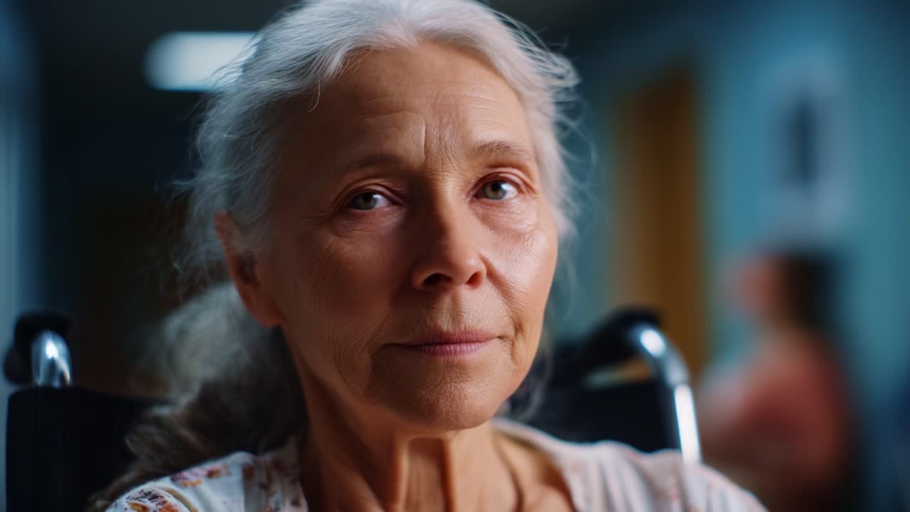 Aging Gracefully: Introspective Moments of an Elderly Woman in a Wheelchair, Capturing the Essence of Life's Journey and Memories in a Serene Atmosphere