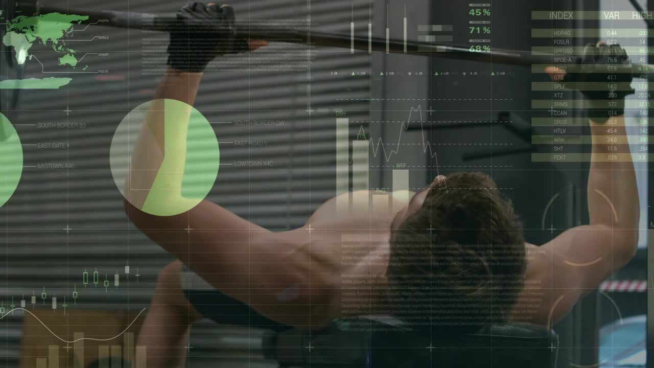 Male gripping bar and performing bench press reps for strength, spotter assisting, HUD updating