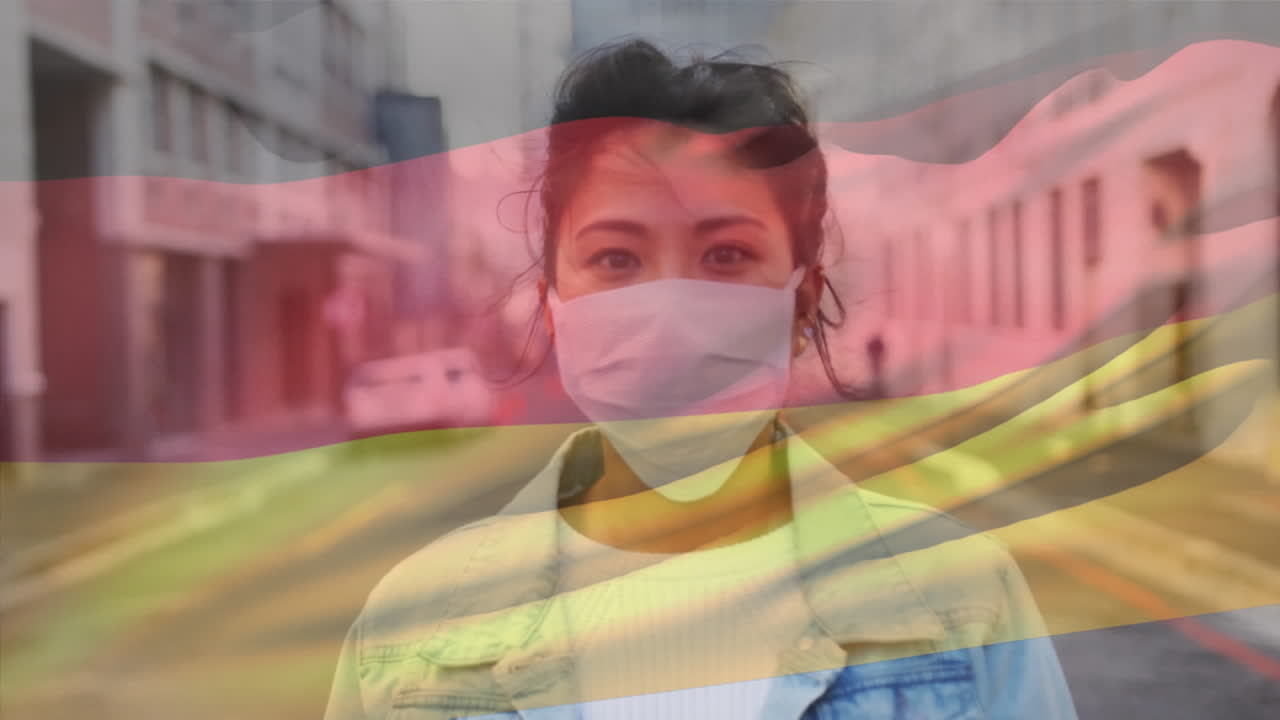 animación de la bandera de alemania ondeando sobre una mujer con máscaras faciales