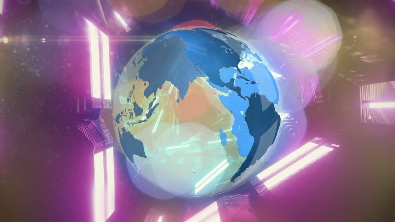 animación de un túnel brillante púrpura en un patrón sin costuras sobre el globo contra puntos de luz