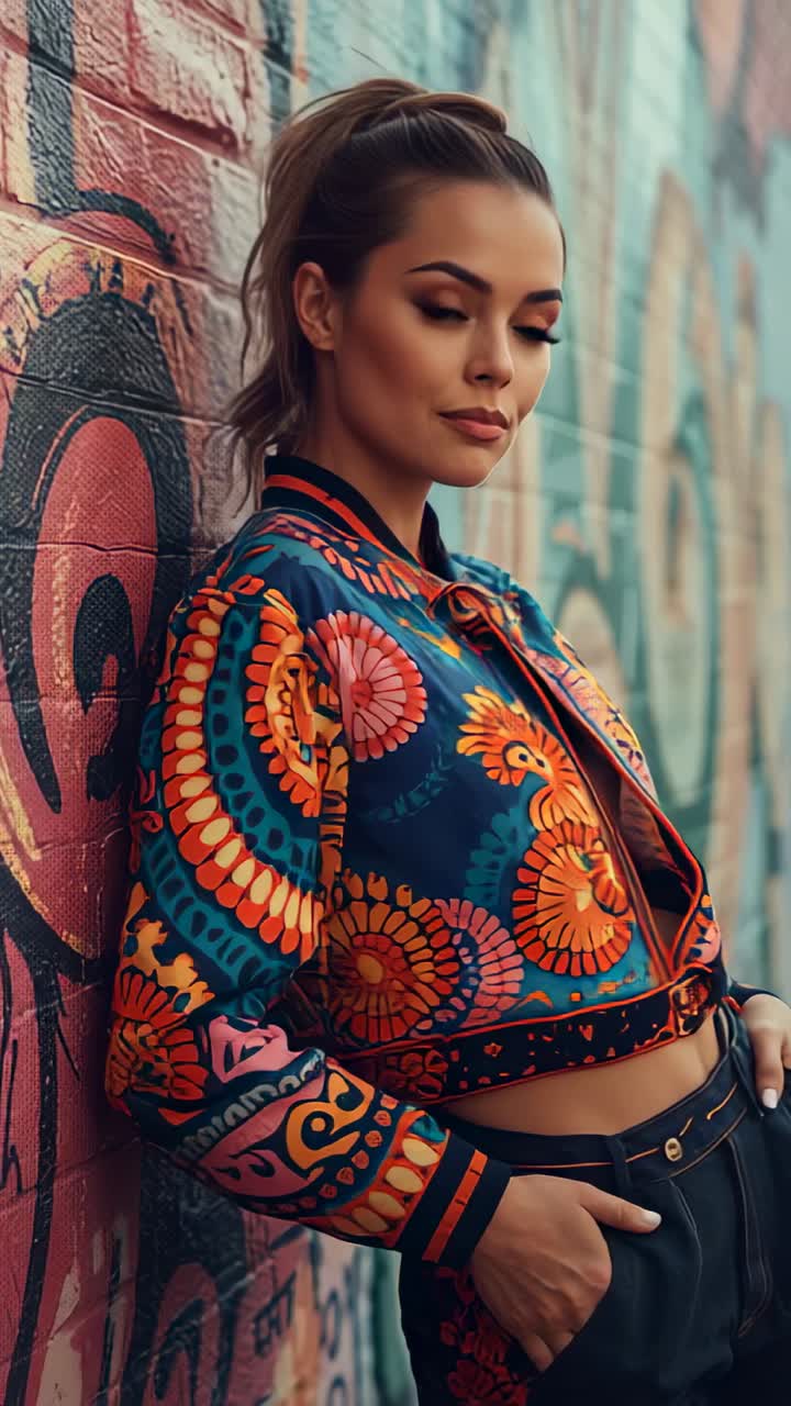 Vertical video: Leaning woman turning toward camera at graffiti wall to showcase bomber jacket