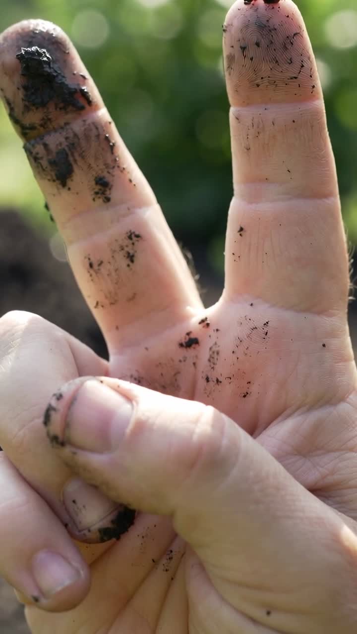 Vídeo vertical: Levantando a mão direita depois de jardinar, fazendo um V com os dedos no jardim, terra debaixo das unhas.